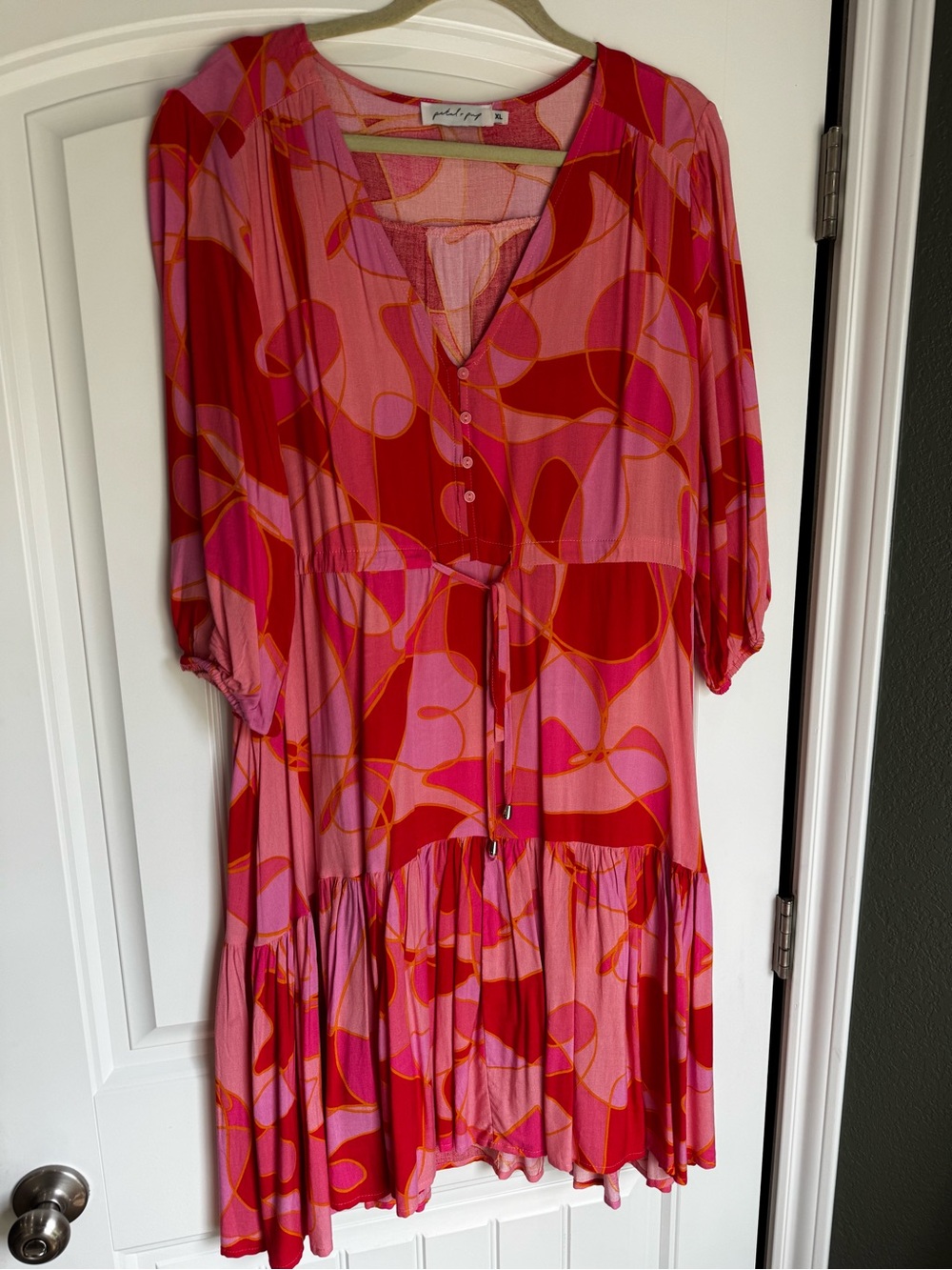 Petal & Pup Pink Red Abstract Midi Dress XL Tie Waist V Neck Boho